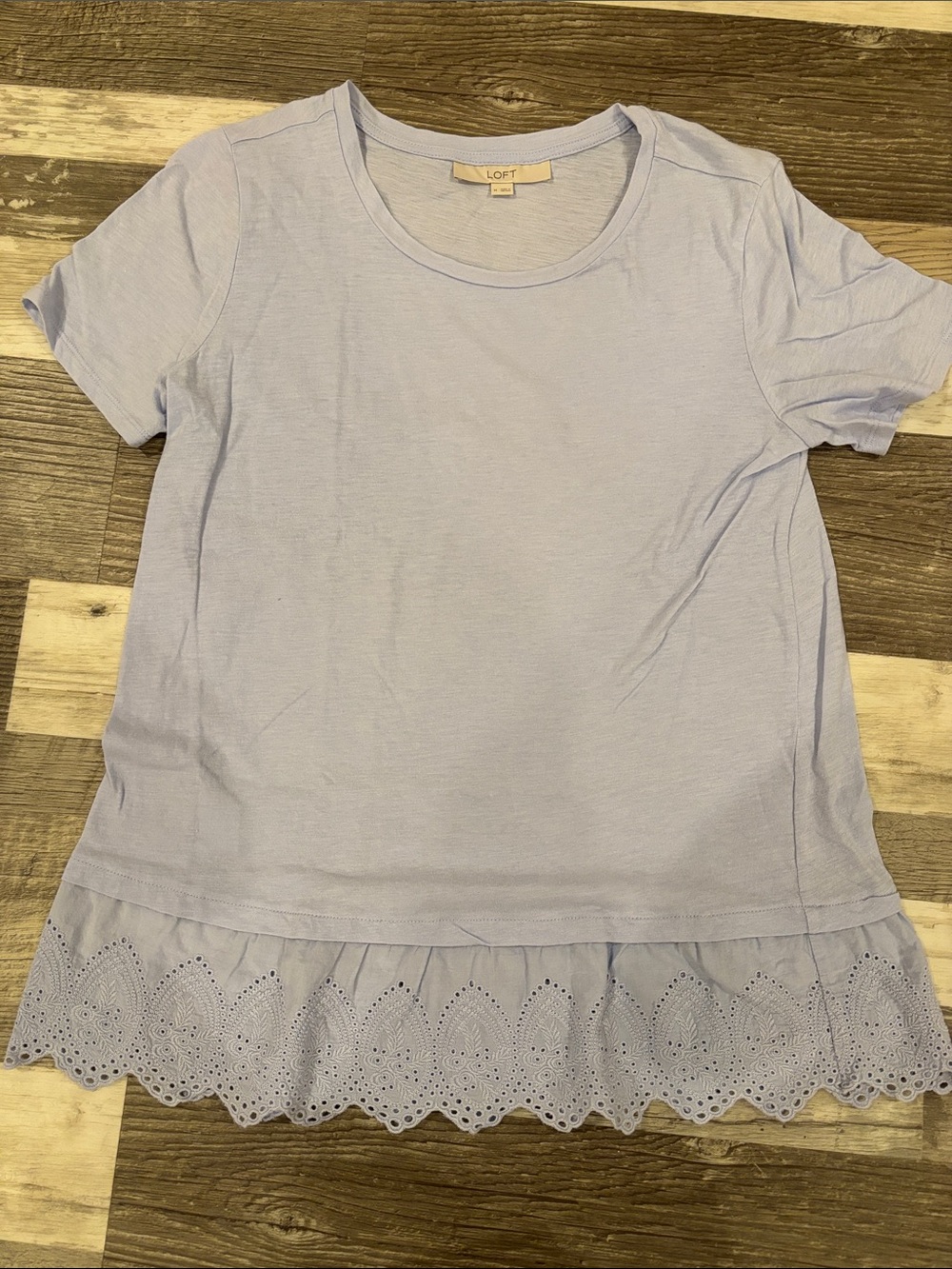 LOFT Light Blue Short Sleeve Tee with Eyelet Ruffle Hem
